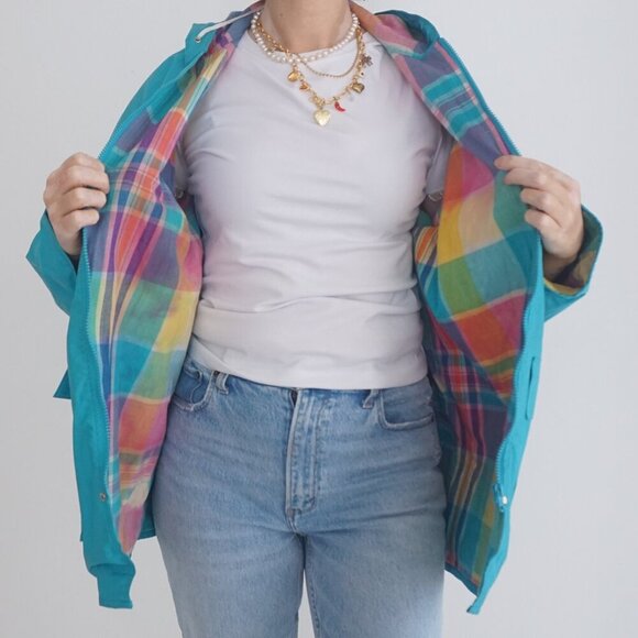 Vintage Misty Harbor Teal Plaid Lined Waterproof Raincoat Jacket M - Picture 2 of 12